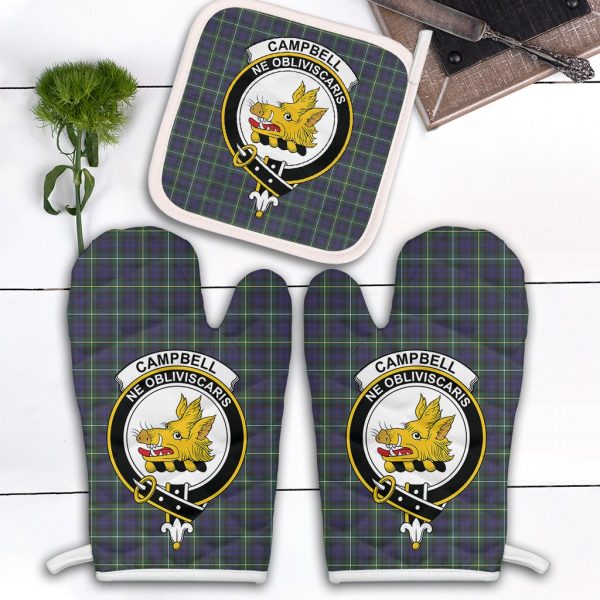 Campbell Argyll Modern Tartan Crest Oven Mitt And Pot Holder (2 Oven Mitts + 1 Pot Holder) For Cheap